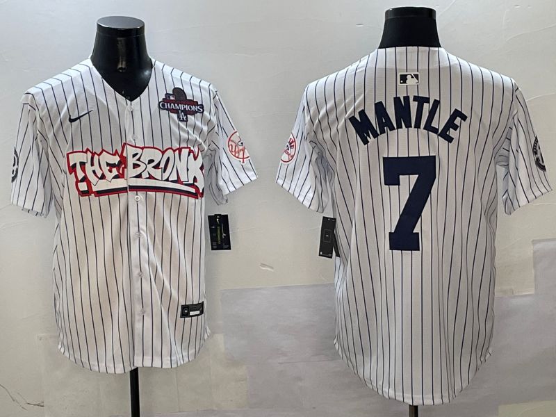Men New York Yankees 7 Mantle White Stripe four generations Joint Name 2025 Nike MLB Jersey style 2